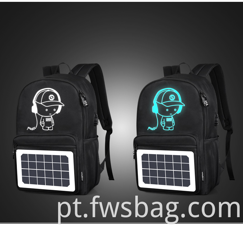 Mochila solar do painel solar de logotipo luminoso resistente à água anti-roubo preto com carregador USB